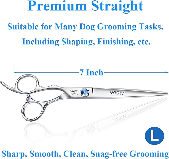 JASON Left Handed 7" Dog Grooming Scissors Set, 3 in 1 Ergonomic Blending, Curved, Straight Cat Pet Hair Trimming Thinning Professional Kits with Offset Handle and a Jeweled Screw