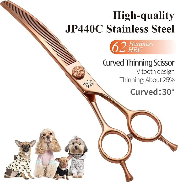 Fenice Peak Professional Dog Grooming Scissors Pet Curved Thinning Shears 7.0'' Extremely Sharp Blades 440C Steel Thinning Scissors Durable Smooth Motion & Fine Cut for Dogs and Cats