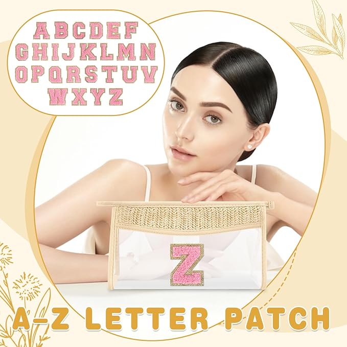 Small Boho Straw Initial Letter Makeup Bag Personalized Gift ,Cute Clear Chenille Patch Makeup Bag With Zipper,Trendy TSA Approved Travel Toiletry Bag,Gift for Women Girls Birthday Friend, Letter Z