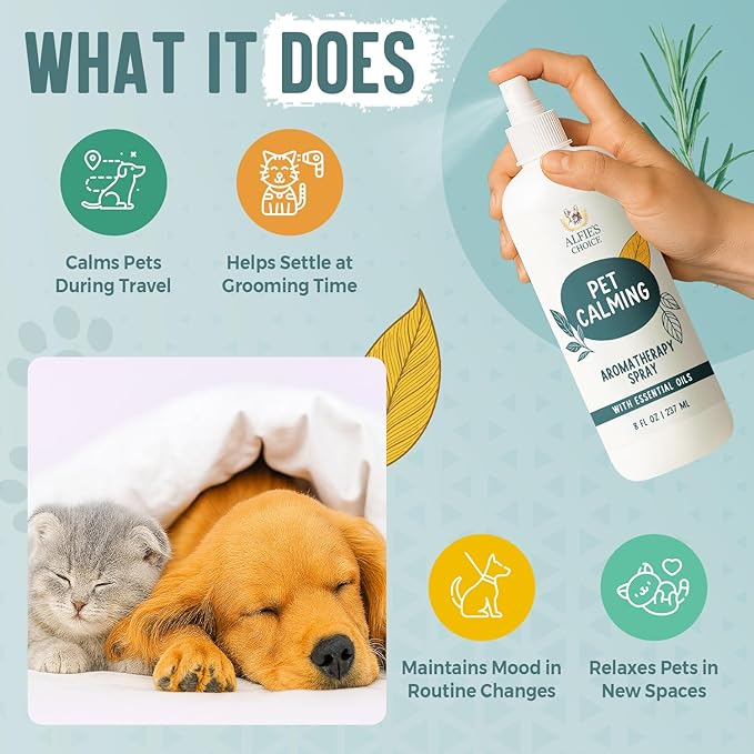ALFIE'S CHOICE Pet Calming Aromatherapy Spray – Cat Calming Spray for Indoor Use & Travel – Dog Relaxation Mist with Essential Oils – Natural Scent for Grooming, Loud Noises – 8 fl oz