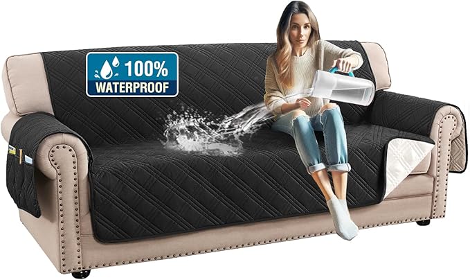H.VERSAILTEX 100% Waterproof Sofa Covers for 3 Cushion Couch Modern Couch Cover for Dogs Washable Thick Soft Furniture Protector with Elastic Straps (Sofa, Black/Beige)
