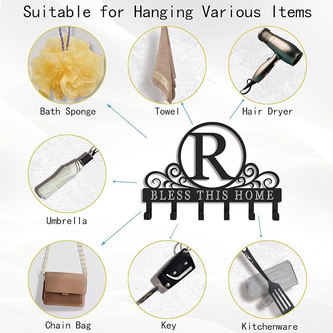 Metal Letter R Key Holder for Wall, Monogram Coat Rack Wall Mount, Key Hooks Perfect for Bathroom, Living Room, Kitchen, Office Ideal Wedding, Anniversary, Housewarming Gift (R)