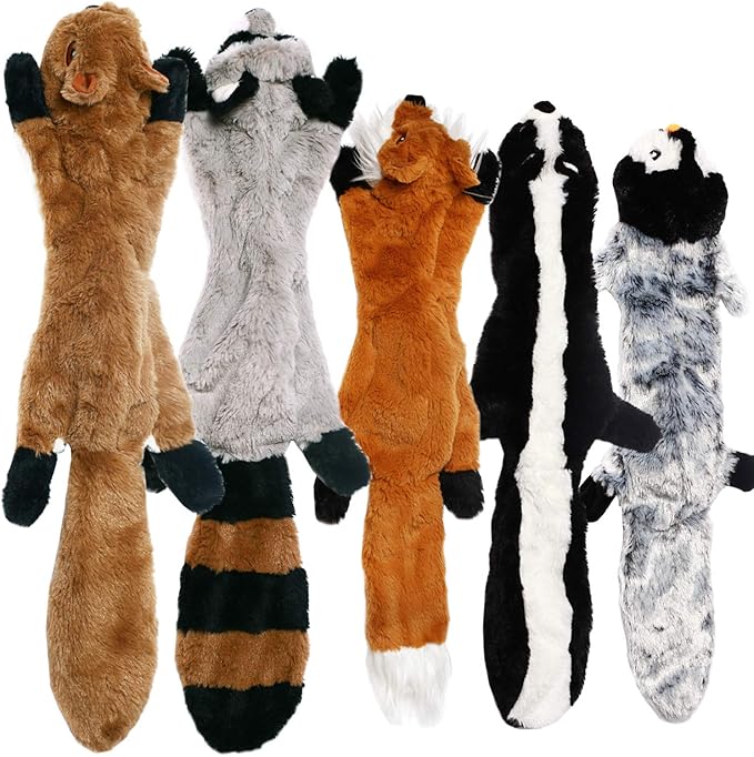 Sesyomr No Stuffing Dog Toys with Squeakers, Durable Stuffingless Plush Squeaky Dog Chew Toy Set,Crinkle Dog Toy for Medium and Large Dogs, 5 Pack（Squirrel Raccoon Fox Skunk and Penguin）, 24Inch
