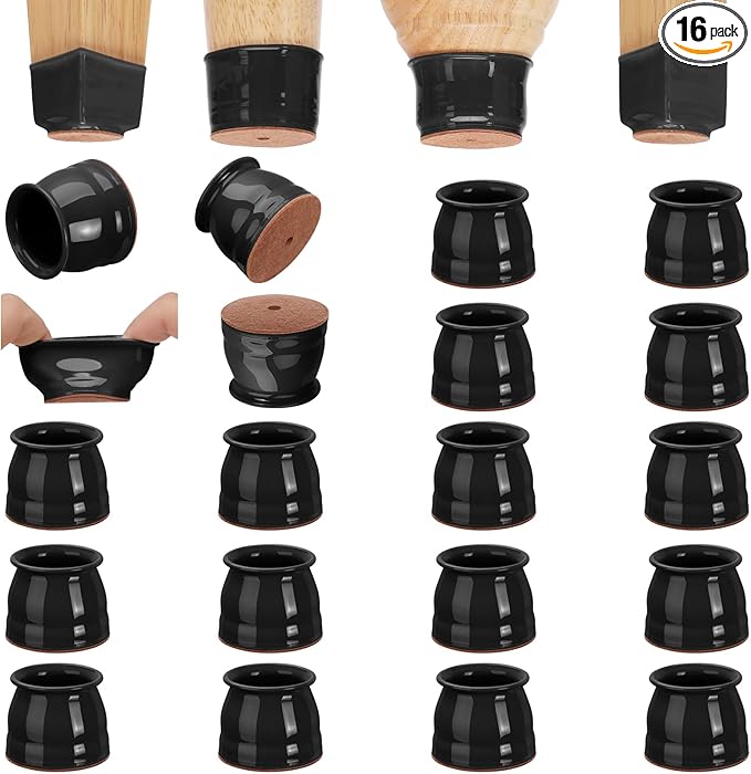 CHUNZEXI 16 Pack Chair Leg Floor Protectors for Hardwood Floors, Silicone Felt Covers Pads Caps, Protect Wood Furniture Feet Floors Noise Reduce and Scratch (Universal Large & Black)