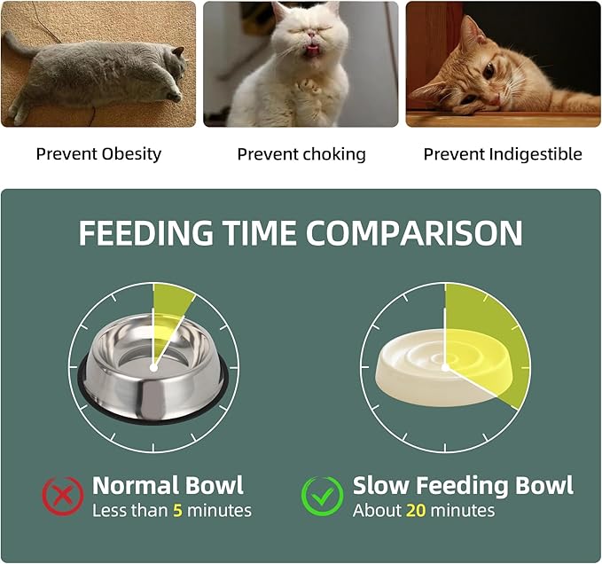 Ceramic Slow Cat Feeder Set, Raised 6.1-inch Slow Cat Food Dish and 5.1-inch Water Bowl with Wooden Stand, Circle Shape. (2 x Bowl with Stand - Beige, 6inch)