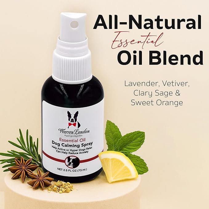 Warren London Calming Aromatherapy Spray for Dogs – 2.5 oz Essential-Oil Blend (Lavender, Vetiver, Clary Sage & Sweet Orange) | Fast-Acting Anxiety Relief for Fireworks, Storms, Grooming | Made in USA