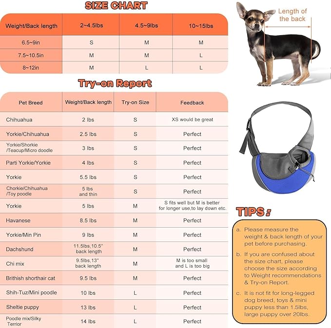 YUDODO Pet Sling Carrier for 2-5 lbs Small Dogs & Cats – Hands-Free Puppy Carrier with Safety Hook, Large Zipper Pocket, Soft Breathable Mesh, Adjustable Strap & Reflective Strip (Blue 1.0 S)