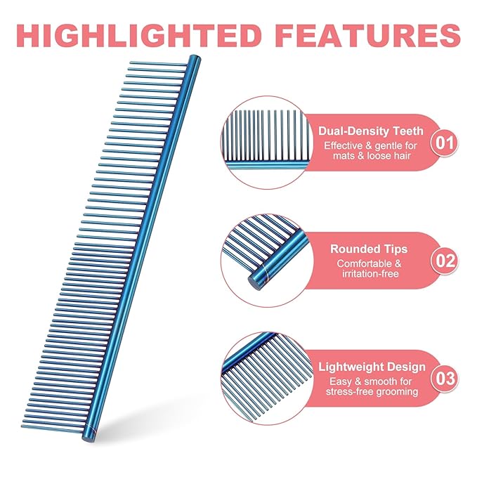 PETAXCELL Dog Cat Comb, Pet Combs Stainless Steel Teeth with Rounded Ends for Knots Mats Loose Hair Removal, 6.5/7.5IN (Blue Plated, 2 Pack), Grooming Tool Intended for Long Curly Hair Pet