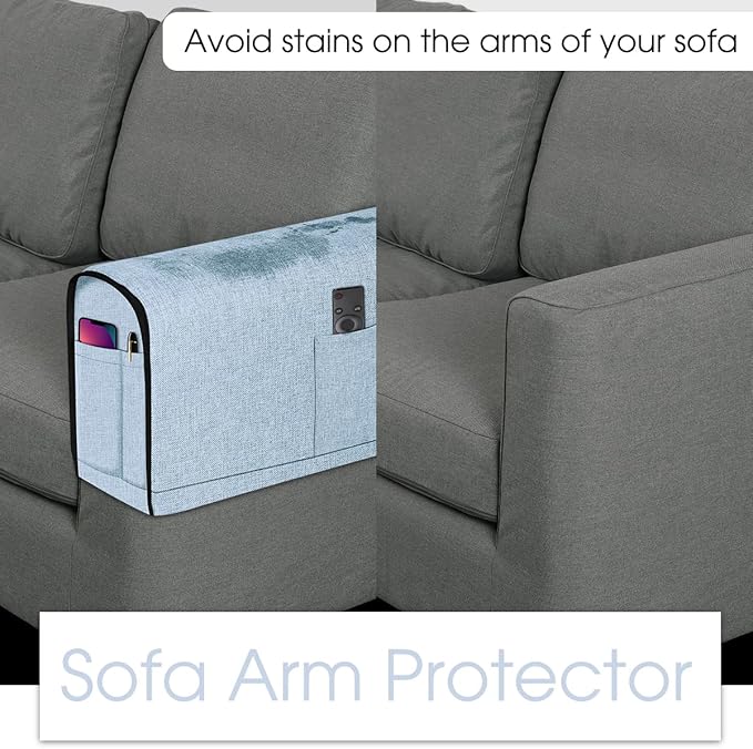 Joywell Linen Armrest Covers for Living Room Anti-Slip Sofa Arm Protector for Dogs, Cats, Pets Armchair Slipcover for Recliner with 4 Pockets for TV Remote Control, Phone, Set of 2, Powder Blue