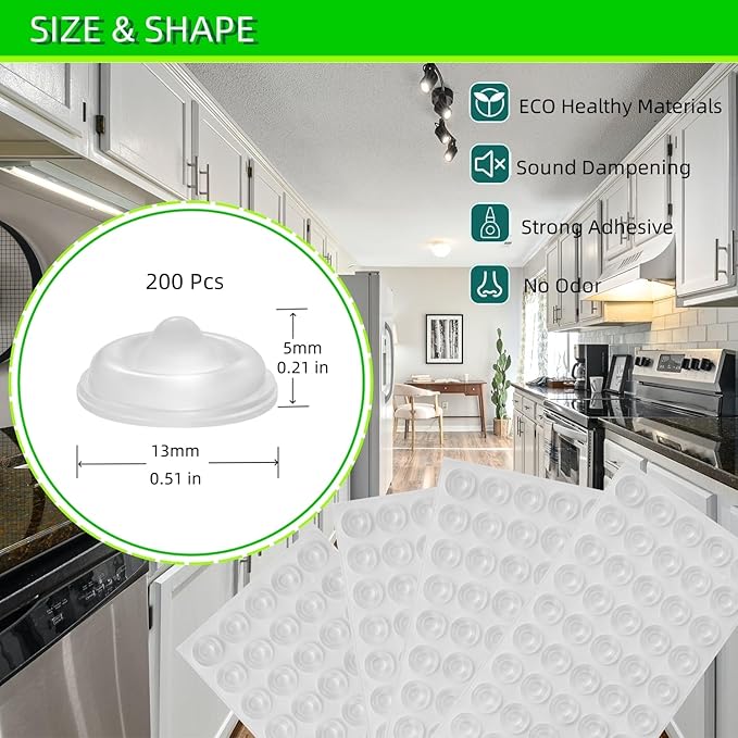 Cabinet Bumpers Soft Self-Adhesive Clear Rubber Bumper- Cabinet Door Bumpers Dots Clear stoppers Furniture Noise Reducing Silicone Rubber Pads Extremely Durable(200Pcs)