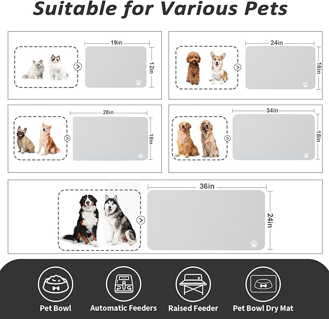 Dog Food Mat - Absorbent Cat Mat for Food and Water, No Stains Pet Feeding Bowl Mat, Easy to Clean Pet Placemats, Quick Dry Dog Water Dispenser Mat for Messy Drinkers | Paw Light Grey 18"x34"