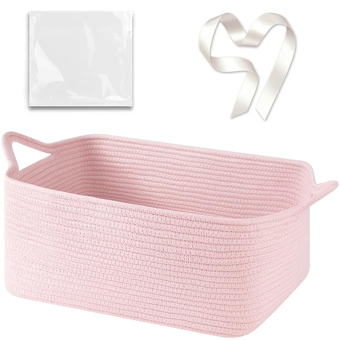 Large Empty Gift Baskets for Baby Shower, 16.5"L x 12.6"W x 7"H Cute Woven Storage Basket with Gift Bags and Ribbons, Small Rope Toy Basket with Handles, Cat Dog Pet Toy Organizer - Pink