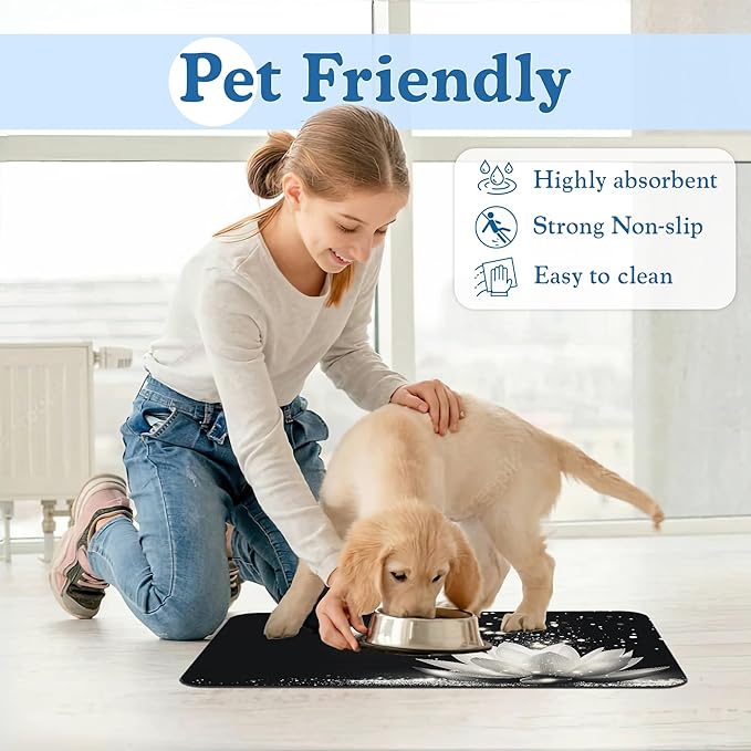 Magic White Lotus Pet Feeding Mat–Quick Dry Absorbent Dog Cat Food Mat, Non Slip Waterproof Bowl Placemat for Messy Eaters, Pet Accessories for Floors 16"x24"