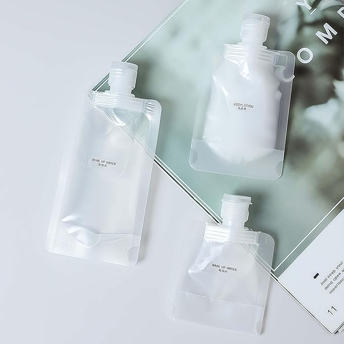 10 Pack Travel Pouches for Toiletries, Size Portable Containers,Stand Up Pouch,Refillable Travel Accessories for Shampoo Conditioner (100ML/3.4OZ/10piece)