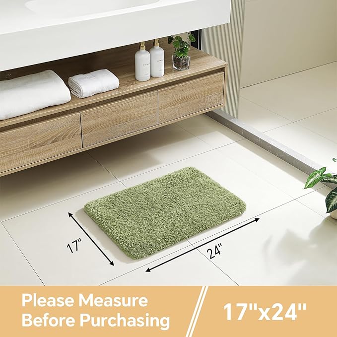 Olive Green Bathroom Rugs 17"x24" - High-Density Microfiber Bath Mat, Fluffy Non Slip Absorbent and Washable Bathroom Mat - Ideal for Small Spaces, Vanity, Toilet, or Pet Mat