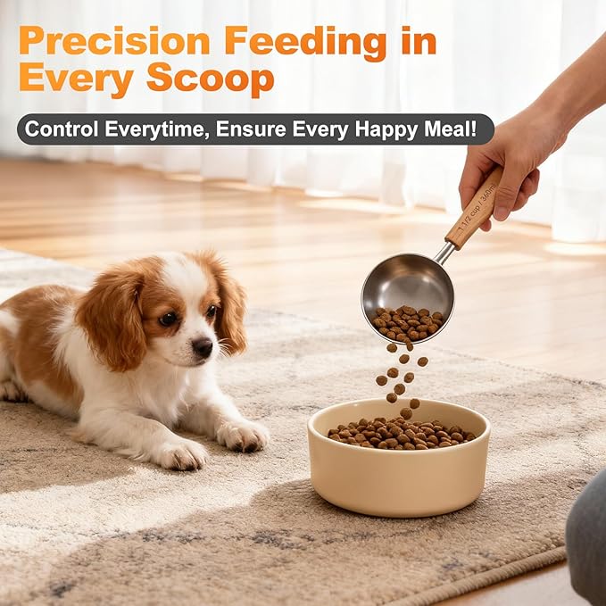 TREMENDRY 2PCS 1/2Cup(120ml | 4oz) Dog Cat Food Scoop, 18/8(304) Stainless Steel Measuring Cup with Wooden Handle, Etched Measurements Inside, BPA Free Portion Control for Pets & Kitchen Use