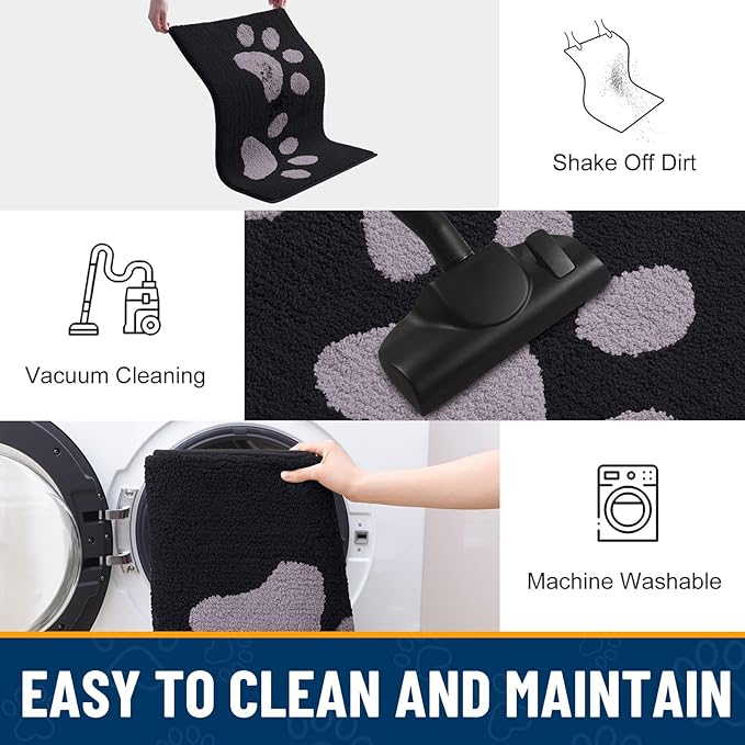 Smiry Dog Door Mat for Muddy Paws, Absorbs Moisture and Dirt, Low-Profile Entryway Mat with Non-Slip Backing, Entry Indoor Outdoor Doormat for Inside Floor (30x20 Inches, Black and Grey, Paw)
