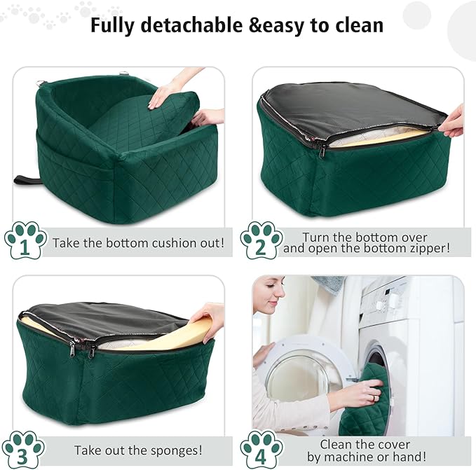 Dog Car Seat for Small Medium Dogs,Detachable Washable Dog Booster Seat Under 30lbs, Pet Car Seats Travel Bed with Storage Pockets and Safety Belt(Green)