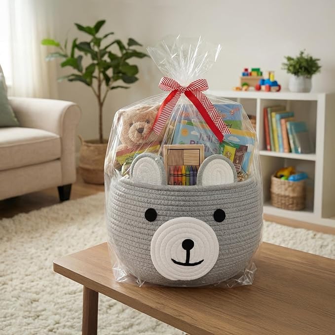 CherryNow Baby Basket for Nursery, Bear Gift Baskets Empey for Kids, Diaper Caddy Baby Shower Basket, Cute Animal Baskets for Toy Storage, Light Grey, 10.5"D x 8.5"H