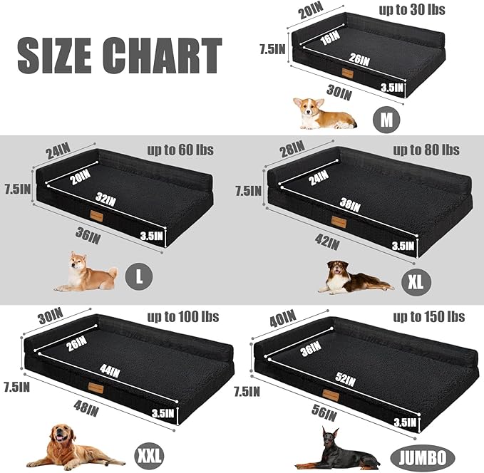 Patas Lague Orthopedic XL Dog Bed Large Sized Dog 48''X30'', Waterproof L Bolster Big Large Pet Sofa Beds with Removable Washable Cover, Soft Pet Couch Crate Mat with Nonskid Bottom, Black