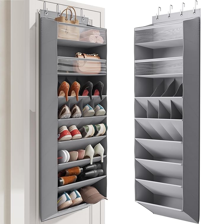 8 Tier Clear Over the Door Shoe Organizer with Deep Pockets, Door Shoes Rack with hard Cardboard and Tubes to Keep the Shape, Hanging Shoe Rack for Closet Organizers, Shoe Holder Grey