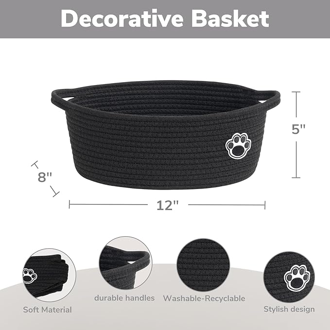 Dog Toy Basket, Black Woven Baskets for Cats Toys Organizer, Baby Gift Basket for Nursery Bedroom, Cute Pet Toy Box with Handles