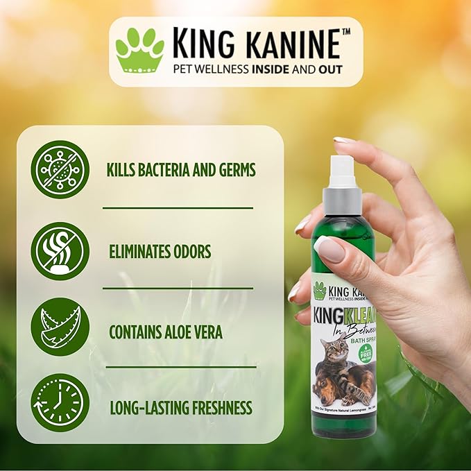 King Kanine Dog Deodorizing Spray - King Klean in Between Natural Pet Deodorizing Spray - Long-Lasting Fresh Scent - Neutralizes Strong Odor and Kills Bacteria - Eco-Friendly - 8oz
