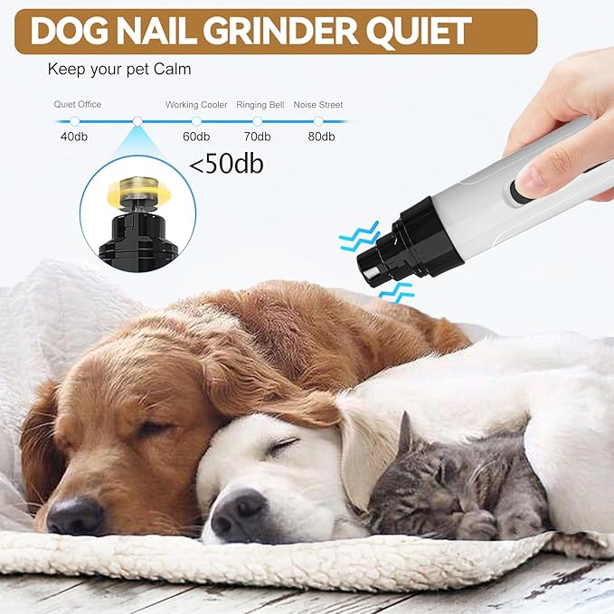 Upgraded Quiet Dog Nail Grinder, Professional 2-Speed Rechargeable Pet Nail Trimmer for Small/Medium/Large Dogs & Cats, Painless Paw Grooming with 2 Replacement Grinding Heads