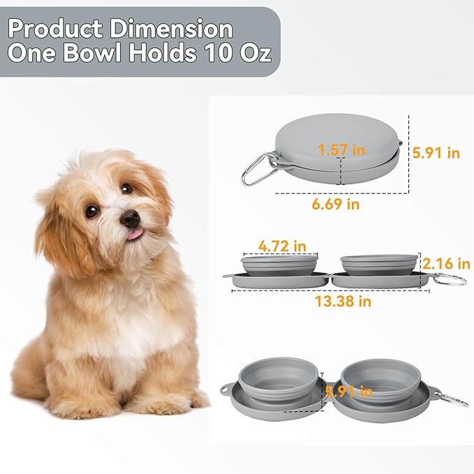 PNEUICALLY Collapsible Dog Water Bowl 2 in 1 Foldable Pet Food and Water Bowl Portable Cats Dishes with Carabiner Clip for Traveling Hiking Camping Walking (Grey)