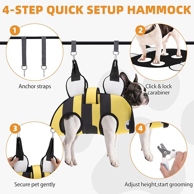 Dog Grooming Hammock for Small Dogs Cats, Cute Bee Design Dog Hanging Harness for Nail Trimming/Clipping, Pet Sling with Grooming Kit and Thick Neck Support & Strap Restraint Claw Care, XS