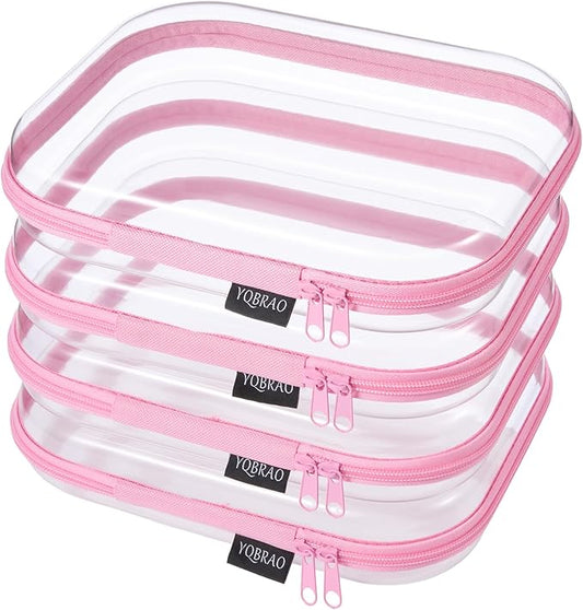 YQBRAO 4-Pack Clear Diaper Bag Organizer Pouches, 1.2mm Ultra-Thick PET Travel Pouches for Toiletries & Makeup, Rigid Self-Standing Bags with YKK Zippers, TSA Approved (Pink)