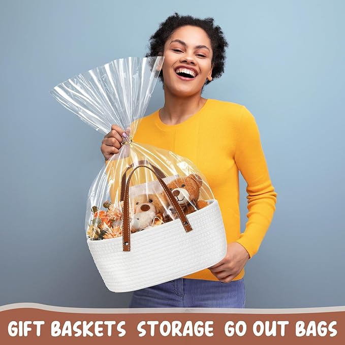 Valentine's Day Empty Woven Gift Basket with PU Leather Handle and Bag 12" x 8" x 5"Cotton Rope Basket Organizer for Pet Toy Storage Baby Shower Birthday Party Wrapping Gift(12*8*5 Inch)