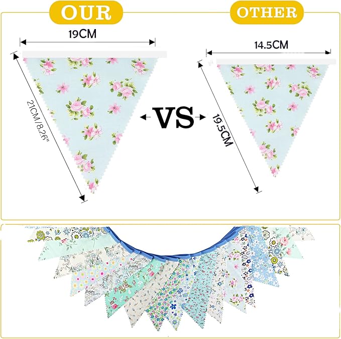 G2PLUS 39Ft Triangle Bunting Banner, 42Pcs Blue Floral Garland Pennant Banner, Reusable Cotton Triangle Flags Party Decoration for Birthday, Wedding, Garden Tea Party, Baby Shower, Room Decor