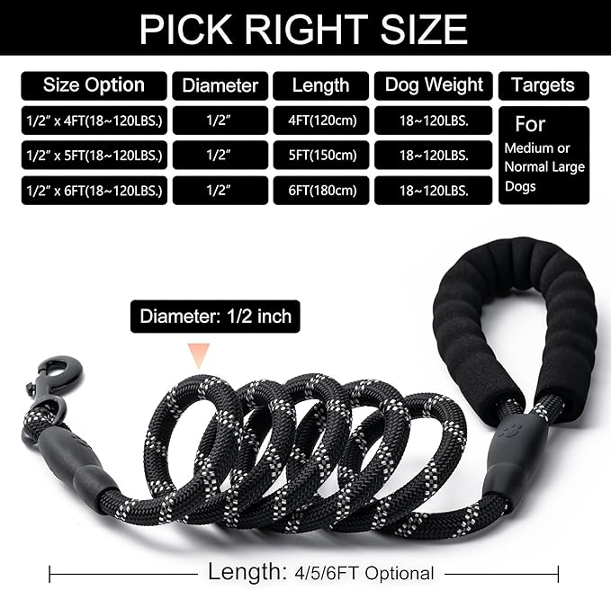 2 Pack Dog Leash, 4/5//6 FT Heavy Duty Nylon Rope Pet Leashes with Comfortable Padded Handle, Reflective Dog Leashes for Small Medium and Large Dogs (6FT-1/2,Black/Green)