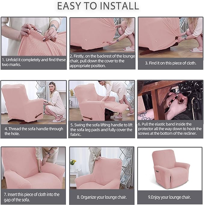 KEKUOU Recliner Chair Covers Lazy Boy Recliner Covers Stretch Couch Cover Slipcovers 1 Piece Furniture Protector with Elastic Bottom for Dog,Kids.(Recliner, Dusty Pink)