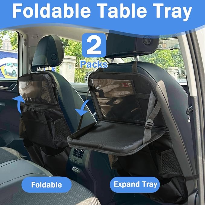 Backseat Car Organizer, Kick Mats Back Seat Protector with 8 Storage Pockets, Car Organizers and Storage with Car Food Tray Travel Accessories, 2 Pack