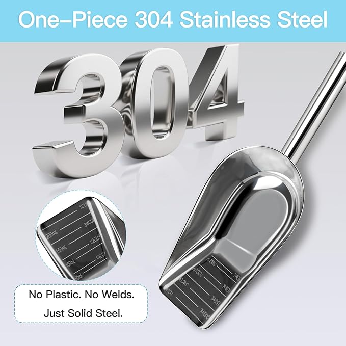 Dog-Cat Food Scoop 1 Cup – Thickened 304 Stainless Steel Pet Food Scoop with Long Handle, Precision Scale, Easy to Clean, Suitable for Wet Dry Food