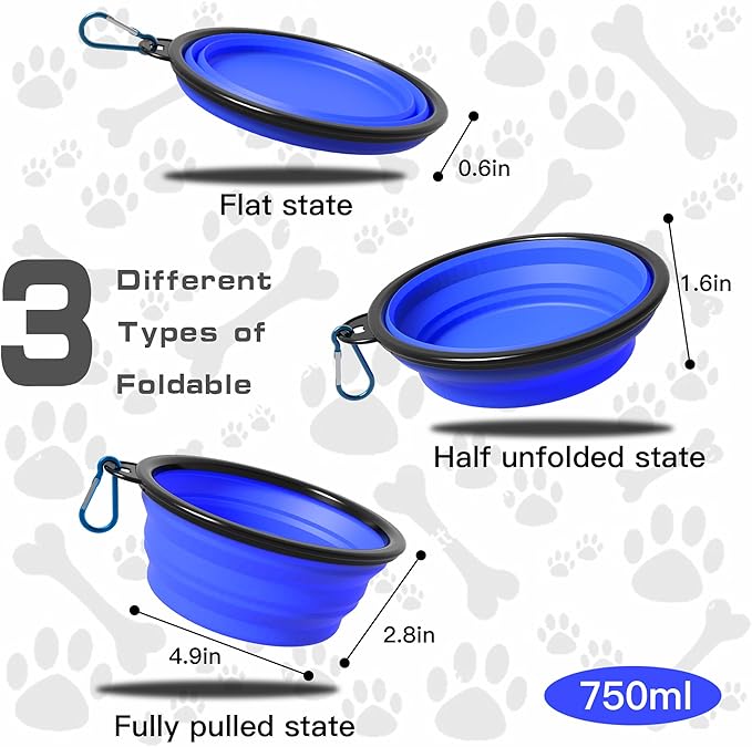 2-Pack Collapsible Dog Bowls, Portable Travel Pet Bowl with Carabiner – Foldable Silicone Feeding Dish for Dogs and Cats On-The-Go (Black + Blue)