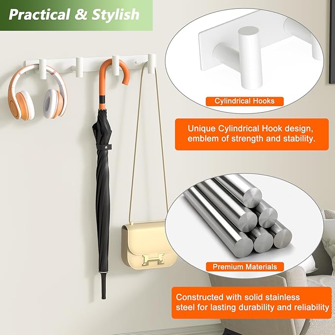 VINHOLD Wall Mounted Coat Rack-4 Hooks, Heavy Duty Stainless Steel Wall Hooks for Towel Coat Bag, Hat Rack Coat Hanger Coat Hooks Towel Racks for Bathroom Entryway Kitchen Office (White, 1 Pack)