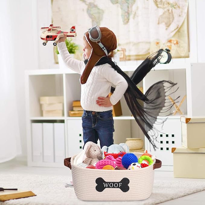 Cotton Rope Dog Toy Storage Basket Medium, Dog Toy bin with Handle,Dog Stuff Organizer - Perfect for organizing pet Toys, Blankets, leashes, Pee mats and Diapers,Nursery Decor Basket-Beige