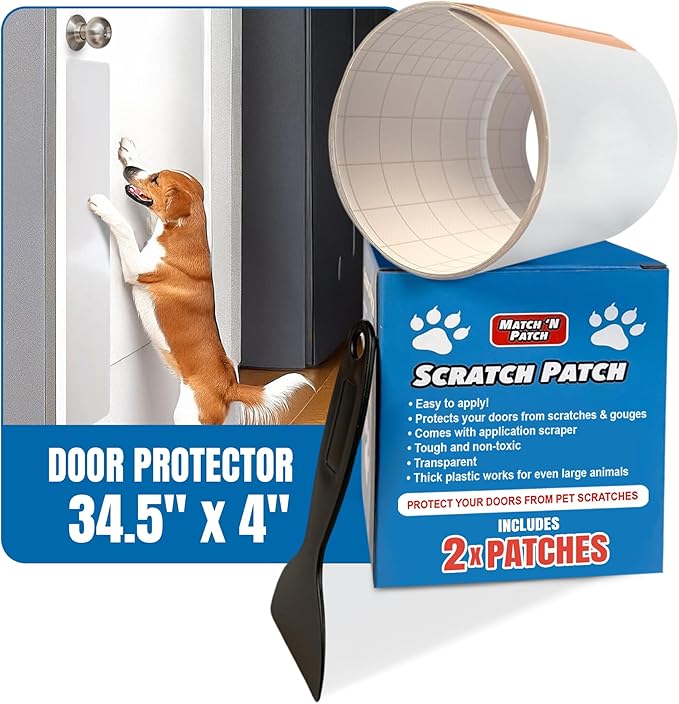 MATCH 'N PATCH Door Protector – Scratch Protectors for Pets – Transparent Shield for Pet Scratches - Self-Adhesive & Easy to Apply, Includes Application Scraper – 34.5 x 4 Inches, 2 Patches