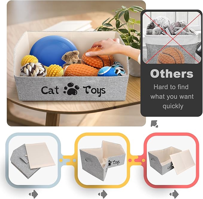 LOVSTORAGE 2X Thicker Large Cat Toy Bin Collapsible Cat Toy Box Sturdy Cat Toy Basket Kitten Toy Storage Bed for Organizing Cat Toys Treats Clothes and Accessories (Grey)