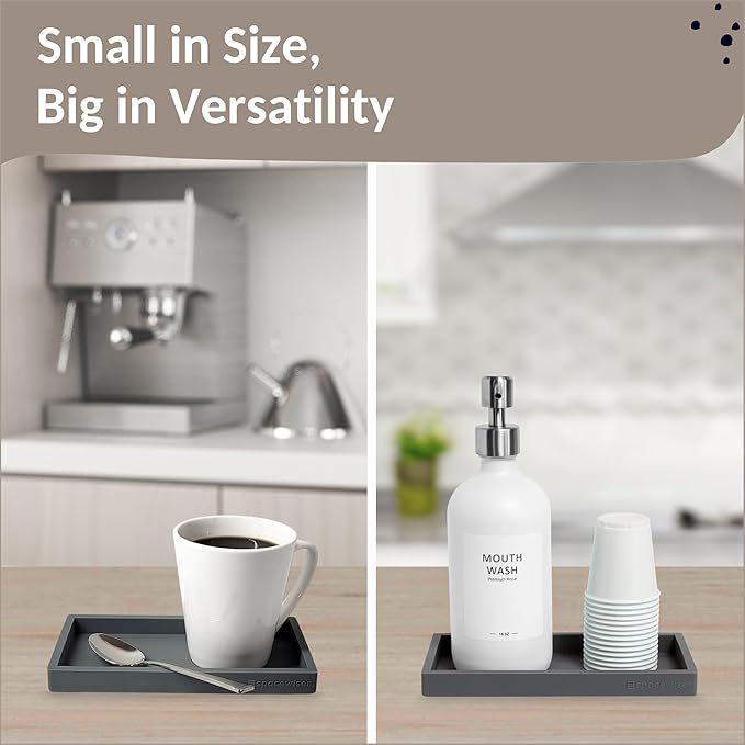 Spacewiser Countertop and Vanity Tray - 2 PC Small 7.7" Silicone Bathroom Trays, Kitchen Soap Tray, Dish Sponge Soap Holder Kitchen Sink Organizer Caddy, Bathroom Counter Trays for Lotion Dispenser