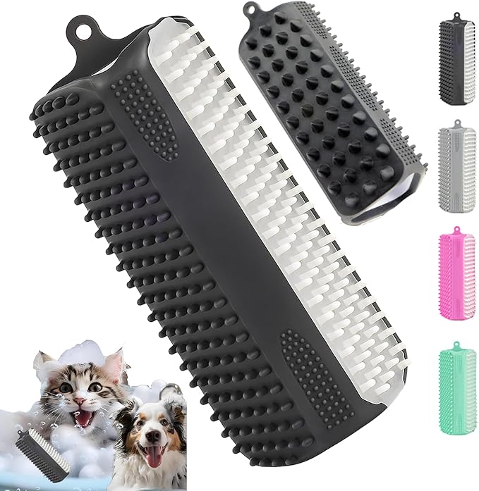 3-in-1 Pet Grooming & Bath Brush for Dogs and Cats, Triple-Sided Design with Cone Massage Tips, Long Self-Cleaning Deshedding Nubs, Short Bathing Nubs, Soft Silicone Brush with Hanging Loop, Black