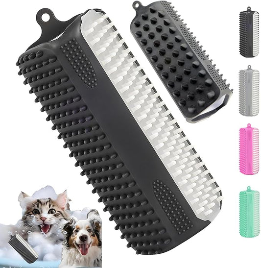 3-in-1 Pet Grooming & Bath Brush for Dogs and Cats, Triple-Sided Design with Cone Massage Tips, Long Self-Cleaning Deshedding Nubs, Short Bathing Nubs, Soft Silicone Brush with Hanging Loop, Black