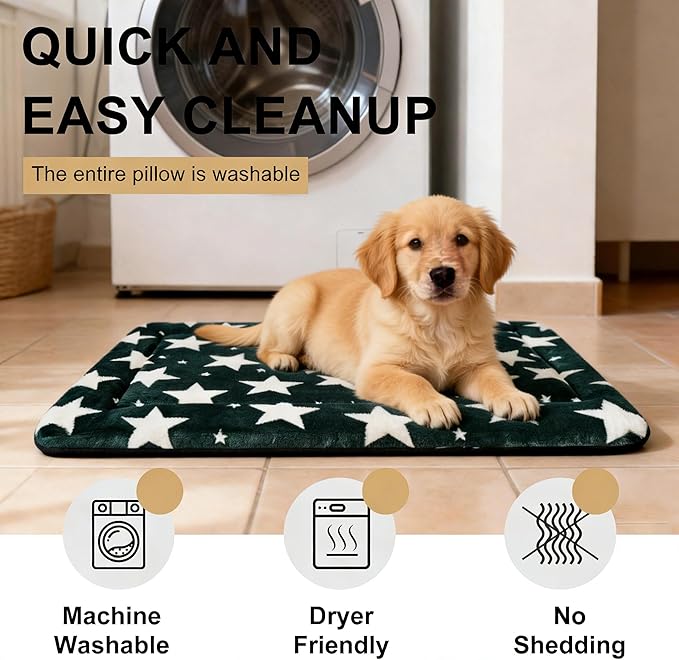 Fogkiss Dog Bed Mat, Reversible Dog Crate Pad with Washable Kennel Mat and Soft Foam, Pet Bed for Dogs & Cats, for Crates Carriers & Travel (Big&Small Stars Green, 24" L*18" W*1.5" Th)