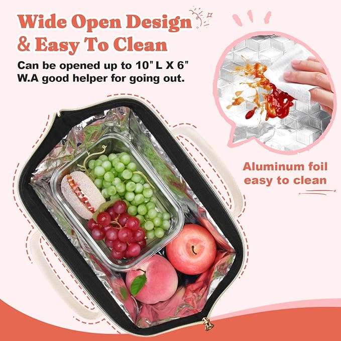 Lunch Bag Women Insulated Lunch Box Wide-Open Lunch Tote Bag Large Drinks Holder Durable Nylon Thermal Snacks Organizer for Men Adults Work Picnic Hiking Beach Fishing, Black Wavy