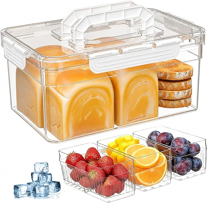 Bread Box with Ice Chilled Condiment Caddy, Portable Airtight Storage Container with Lid Handle for Kitchen Counter, Keeper for Homemade Bread, Toast, Bagel, Cookies, White