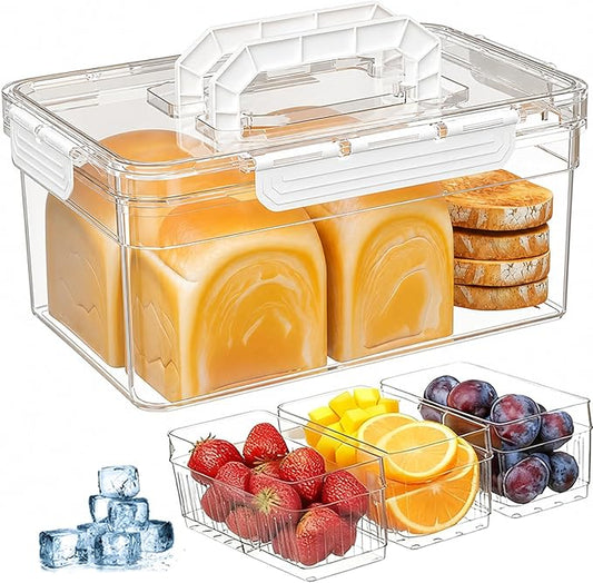 Bread Box with Ice Chilled Condiment Caddy, Portable Airtight Storage Container with Lid Handle for Kitchen Counter, Keeper for Homemade Bread, Toast, Bagel, Cookies, White