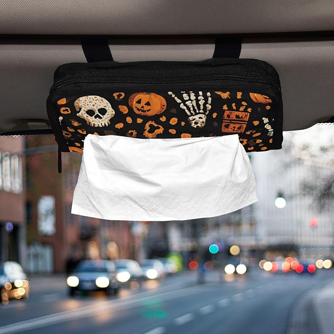 Car Tissue Holder Car Napkin Holder Car Tissue Box Dispenser Storage Case Sun Visor Mask Holder with Adjustable Straps Reusable Refillable Halloween Leopard Pumpkin Skull Brown